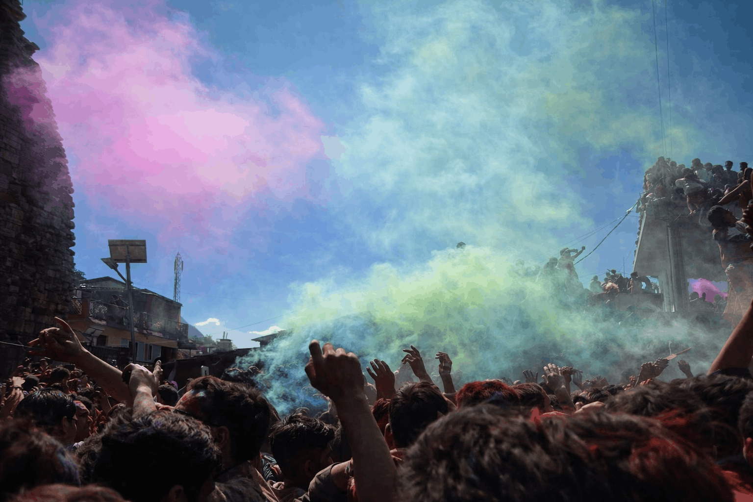 Devotees enjoying Holi celebrations outside Gopinath Mandir, Gopeshwar